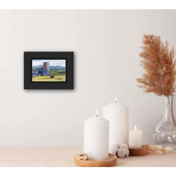 Quiet Places & Farmlands — Petaluma Blue Barn & Cow Original oil painting by Haas, 6 x 4 unframed canvas panel, signed. A...