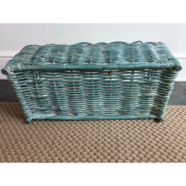 Late 20th Century French Country Blue Bamboo Wicker Basket, Wide For Sale - Image 6 of 7