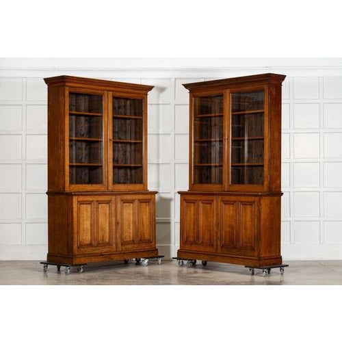 Circa 1880 large 19thc english oak glazed bookcase cabinet together w146.5 x d53 x h221.5 cm base w136.5 x d53 x h84.5 cm...