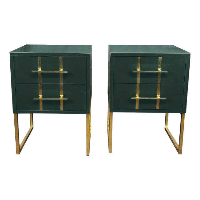 Italian Nightstands in Dark Green Murano Glass with Brass Trim from Justfurnituress SRL, Set of 2 For Sale