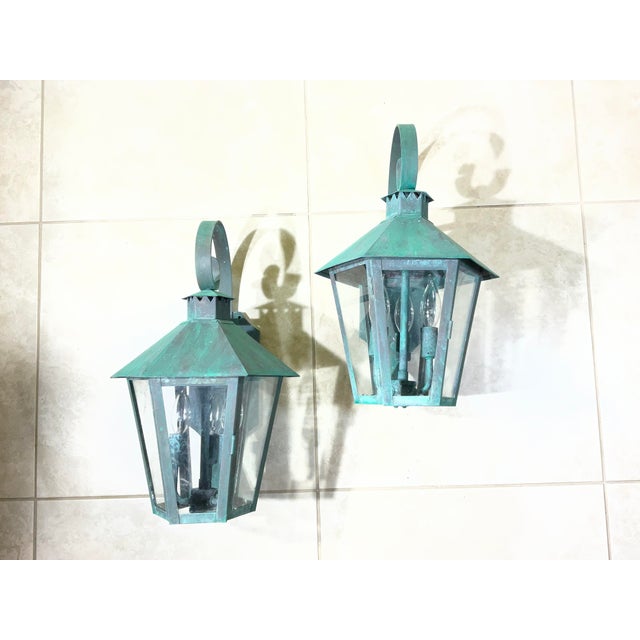 Vintage Solid Copper & Brass Outdoor Lantern Sconces / 18”h X 11”w X 12”d For Sale - Image 13 of 18