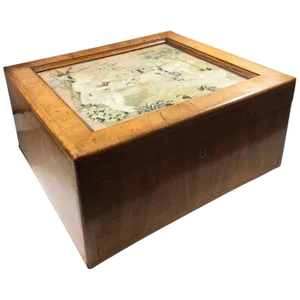 19th Century English Traditional Yew Wood Document Box With Needlework Under Glass