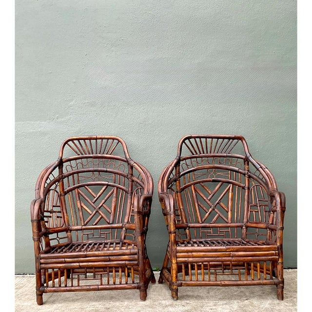 Late 20th Century Vintage High Back Brighton Rattan Lounge Chairs - A Pair For Sale - Image 5 of 13