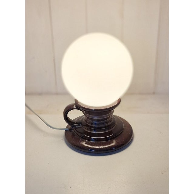 1970s Vintage Pan Table Lamp with Brown Ceramic Base and Opaque White Glass Globe, 1970s For Sale - Image 5 of 9
