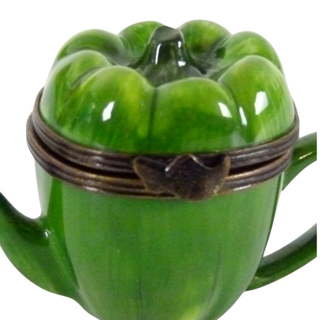 Ceramic Limoges France Porcelain Green Pepper Tepot Trinket Box | Hand Painted by Jd Artisan Decorating Studio For Sale - Image 7 of 10