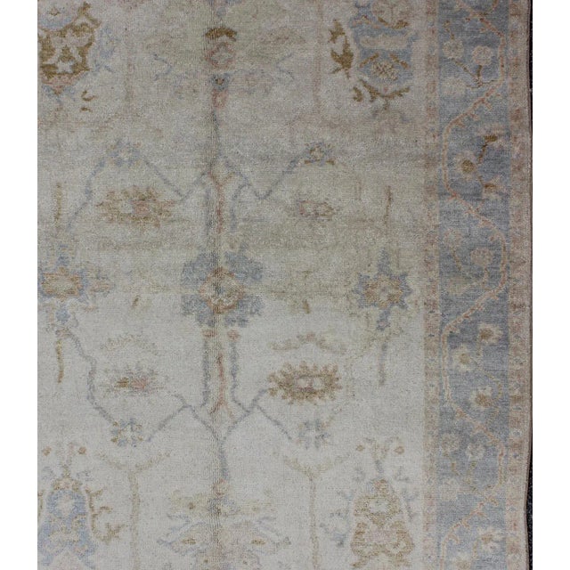 Muted Oushak Rug in Blue, Light Brown, and White For Sale - Image 4 of 8