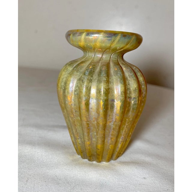 1991 Hand Blown Stephen Fellerman Aurene Iridescent Miniature Ribbed Glass Vase For Sale - Image 9 of 11