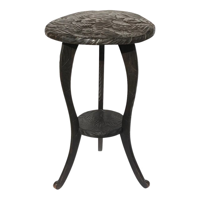 Japanese Hand Carved Floral Side Table or Plant Stand, 1905 For Sale