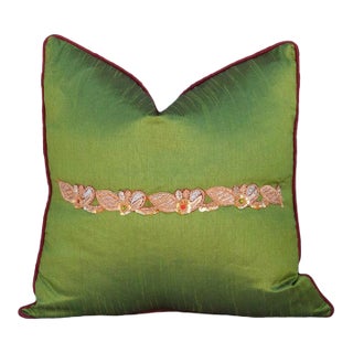 Olive Peacock Sage Silk Blend Pillow Cover For Sale