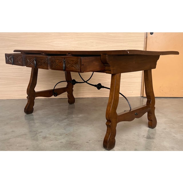 Brown 20th Century Solid Walnut Baroque Lyre-Leg Trestle Refectory Desk Writing Table For Sale - Image 8 of 11