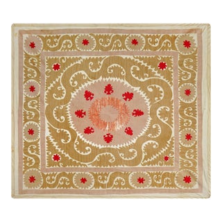 Boho Medallion Suzani Tapestry | Pink, Terracotta & Teal Floral Motif Wall Decor 4'4'' X 4'10'' For Sale