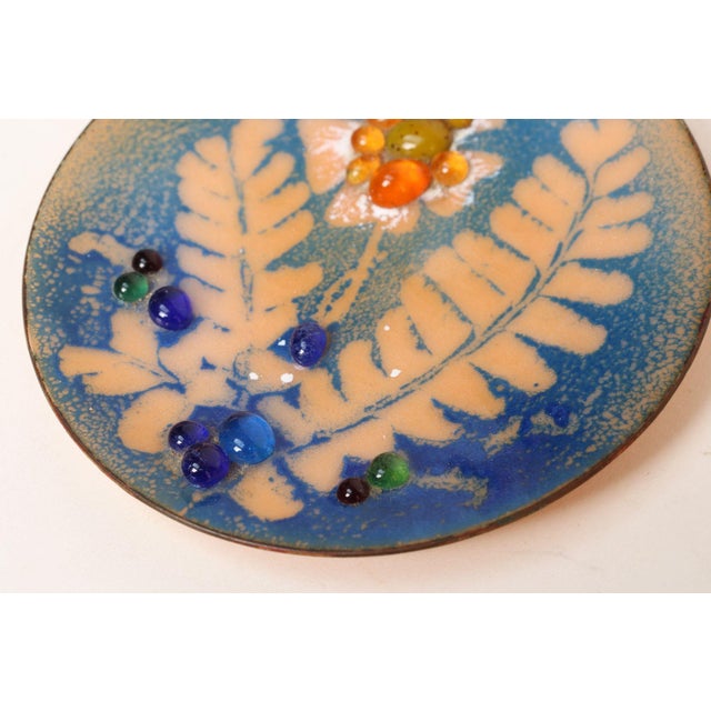 Metal Small Mid-Century American Modern Blue and Peach Botanical Enamel on Copper Dish For Sale - Image 7 of 11
