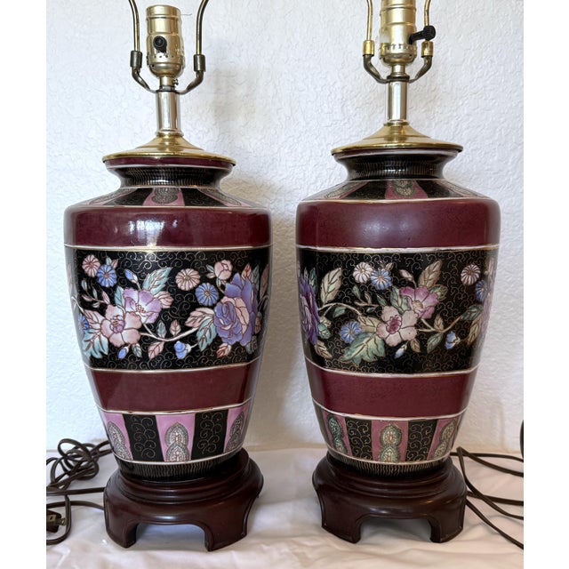 Burgundy Pair of Vintage Chinoiserie Floral Ginger Jar Style Lamps 1970s For Sale - Image 8 of 11