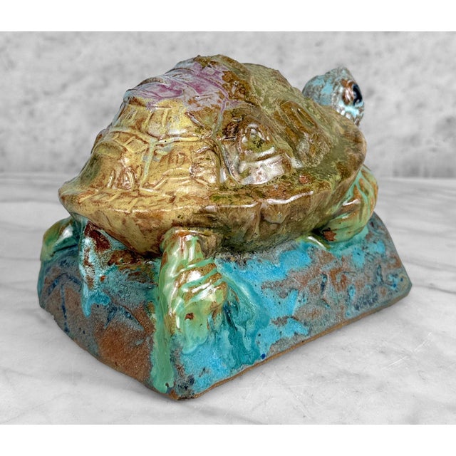 Vintage 1970s Stoneware Drip Glazed Turtle Garden Sculpture For Sale - Image 4 of 11