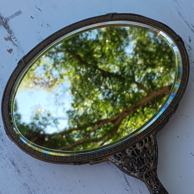 1950s Grand Scale Jeweled Brass Hand Mirror - Hollywood Regency Filigree For Sale - Image 9 of 11