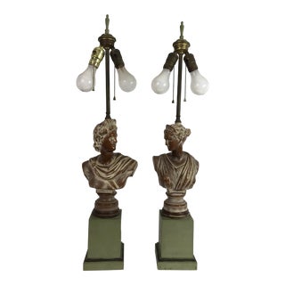 1940s Cerused Oak Neoclassical Bust Lamps - a Pair For Sale
