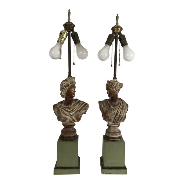1940s Cerused Oak Neoclassical Bust Lamps - a Pair For Sale