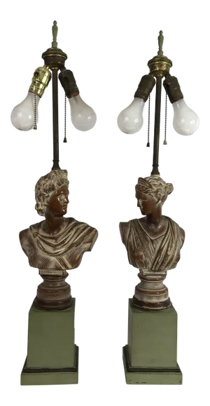 1940s Cerused Oak Neoclassical Bust Lamps - a Pair