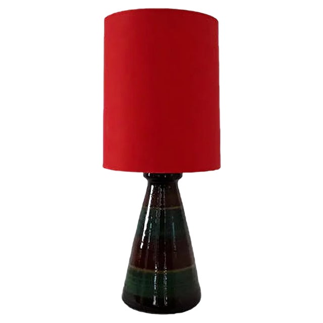 Glazed Ceramic Table Lamp with Red Fabric Shade, 1970s For Sale