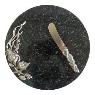 1980s Marble Cheese Cutting Board with Pewter Knife For Sale