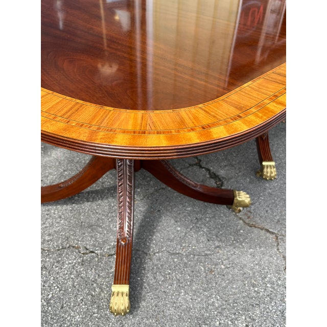 Brown Late 20th Century Councill Craftsmen Georgian Banded Mahogany Double Pedestal Dining Table With 3 Leaves For Sale - Image 8 of 18