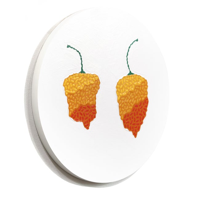 Contemporary Habaneros Calientes - Original Round Pepper Still Life Acrylic Painting on Panel by Will Beger For Sale - Image 3 of 9