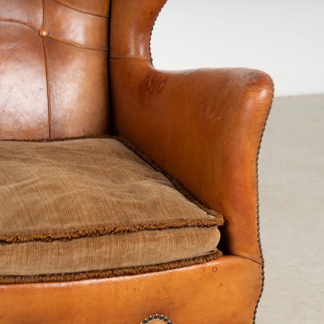 Pair, 20th Century Vintage Danish Brown Leather Club Chairs With Decorative Nail Head Trim For Sale - Image 6 of 13