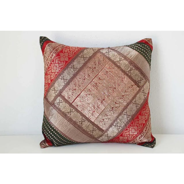 Decorative Vintage Throw Pillow Made From Silk Sari Borders, India For Sale In Palm Springs - Image 6 of 13