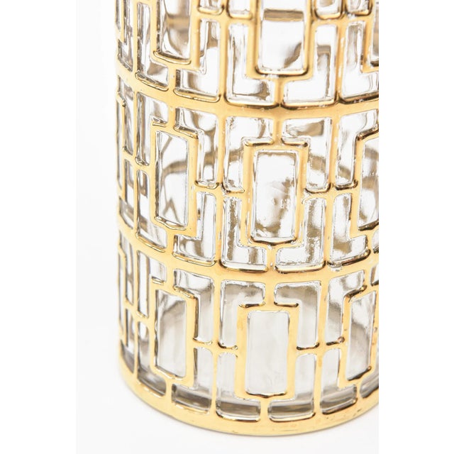 Vintage Imperial Glass 22 Carat Gold Plated Greek Key Overlay Over Vase or Martini Shaker 60's Signed For Sale In Miami - Image 6 of 13
