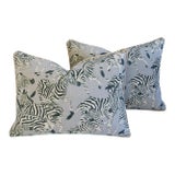 Custom Safari Zebra Linen & Velvet Down/Feather Pillows 24" x 18" - Pair For Sale