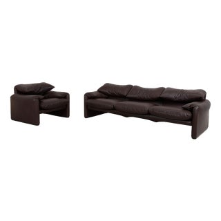 Maralunga Sofa and Chair in Leather from Cassina, Set of 2 For Sale