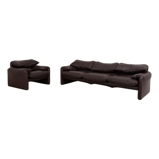 Maralunga Sofa and Chair in Leather from Cassina, Set of 2 For Sale