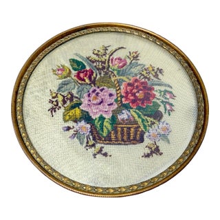 Antique 1800s Austrian Bronze Glass Petit Point Needlepoint Vanity Tray Dish For Sale