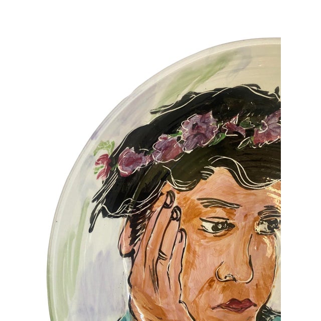 1990s Extra Large Vintage Decorative Glazed Pottery Bowl Depicting a Woman With Floral Crown, Signed Spirt Circa 1990’s For Sale - Image 5 of 11