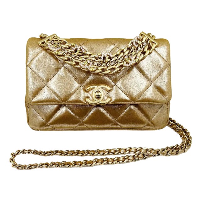 Chanel Gold Shimmer Crystal CC Handle Crossbody 2 Way Bag For Sale