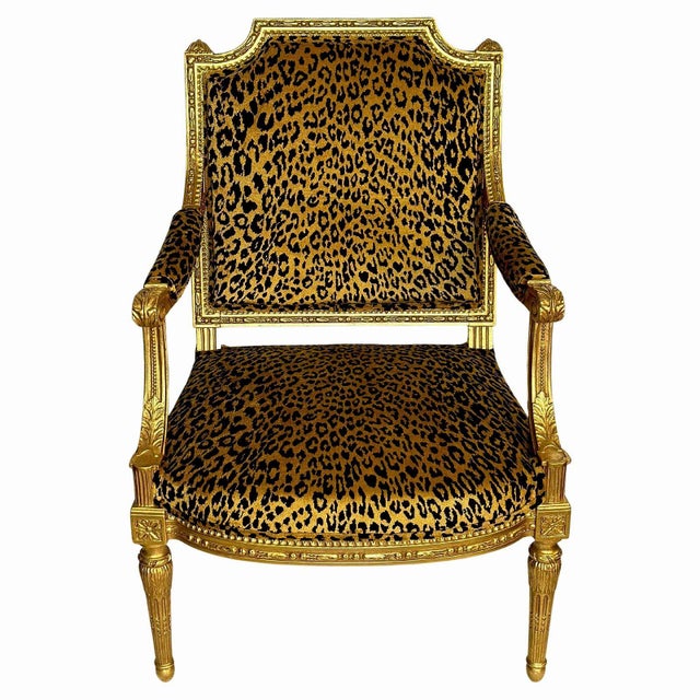 An amazing set of four Fateuil armchairs with newly upholstered cheetah-print fabric, made in France in the 19th Century,...