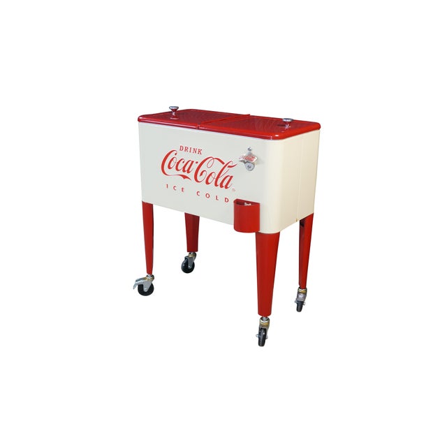 Mid-Century Modern Vintage Style 60 Qt Coca-Cola Rolling Patio Cooler Cream & Red Ice Chest Cart For Sale - Image 3 of 18