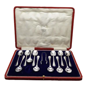 Antique Walker & Hall English Sheffield Silver Demitasse Spoons Sugar Tong 1900 1901 Set of 13
