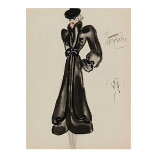 Vintage French Fashion Art Print – Black Bow Coat Illustration, 12" X 16" For Sale