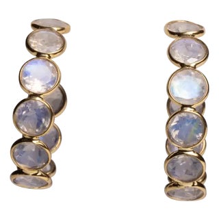 1990s Pair of Rainbow Moonstone and 18K Gold Hoop Earrings For Sale