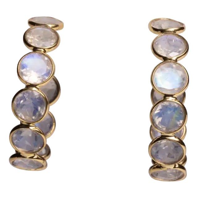 1990s Pair of Rainbow Moonstone and 18K Gold Hoop Earrings For Sale