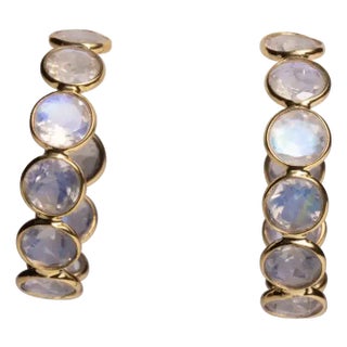 Rainbow Moonstone and 18k Gold Hoop Earrings For Sale
