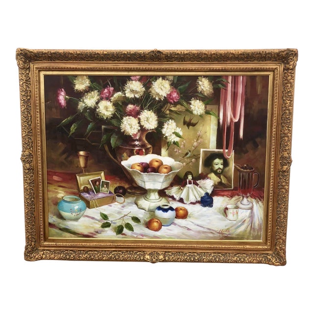 P. Mozah 20th Century Oil Painting, Still Life, Spring Flowers, Ornate Gold Frame For Sale
