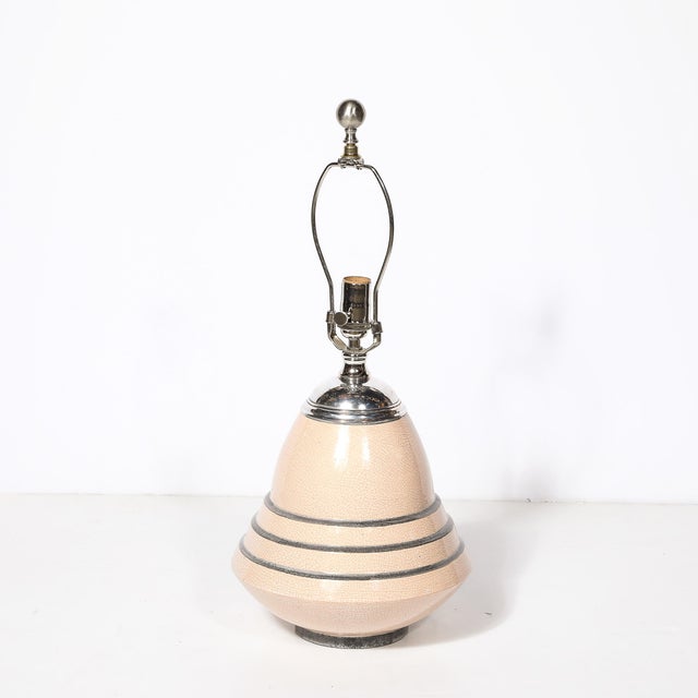 1930s Art Deco Machine Age Craquelure Cream Ceramic Table Lamp Signed Marcel Guillard For Sale - Image 5 of 17