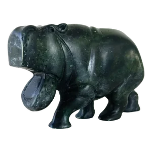 Mid-Century Hand Carved African Hippo of Green Verdite / Malachite Stone