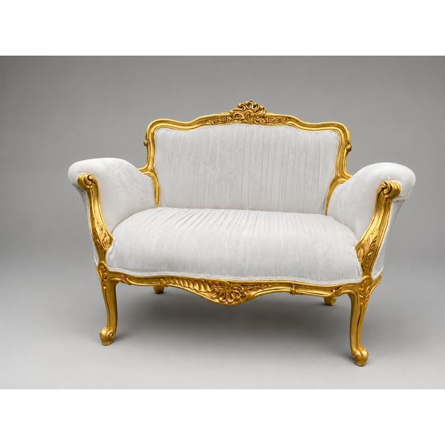 1980s French Louis XVI Gold Velvet Beech Settee For Sale - Image 6 of 16