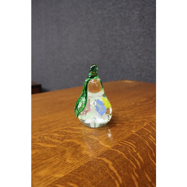 Murano Style Art Glass Pear Paperweight With Lampworked Flowers For Sale - Image 4 of 7