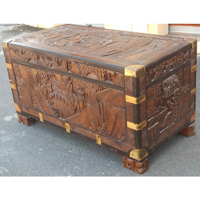 20th Century Chinese Carved Camphorwood Coffer With Brass Accents For Sale - Image 9 of 11