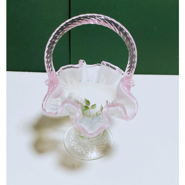Glass Signed Hand Painted Fenton Art Glass Basket, Pink Opalescent Ruffled Edge, Signed S. Massey For Sale - Image 7 of 16