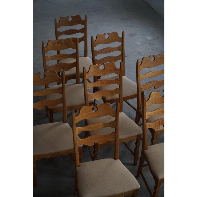 1950s Mid-Century Danish Chairs in Oak & Hessian from Henning Kjærnulf, 1960s, Set of 8 For Sale - Image 5 of 17